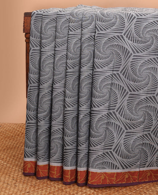 Light grey geometric design coimbatore cotton saree with contrast leaf design border & paisley design pallu
