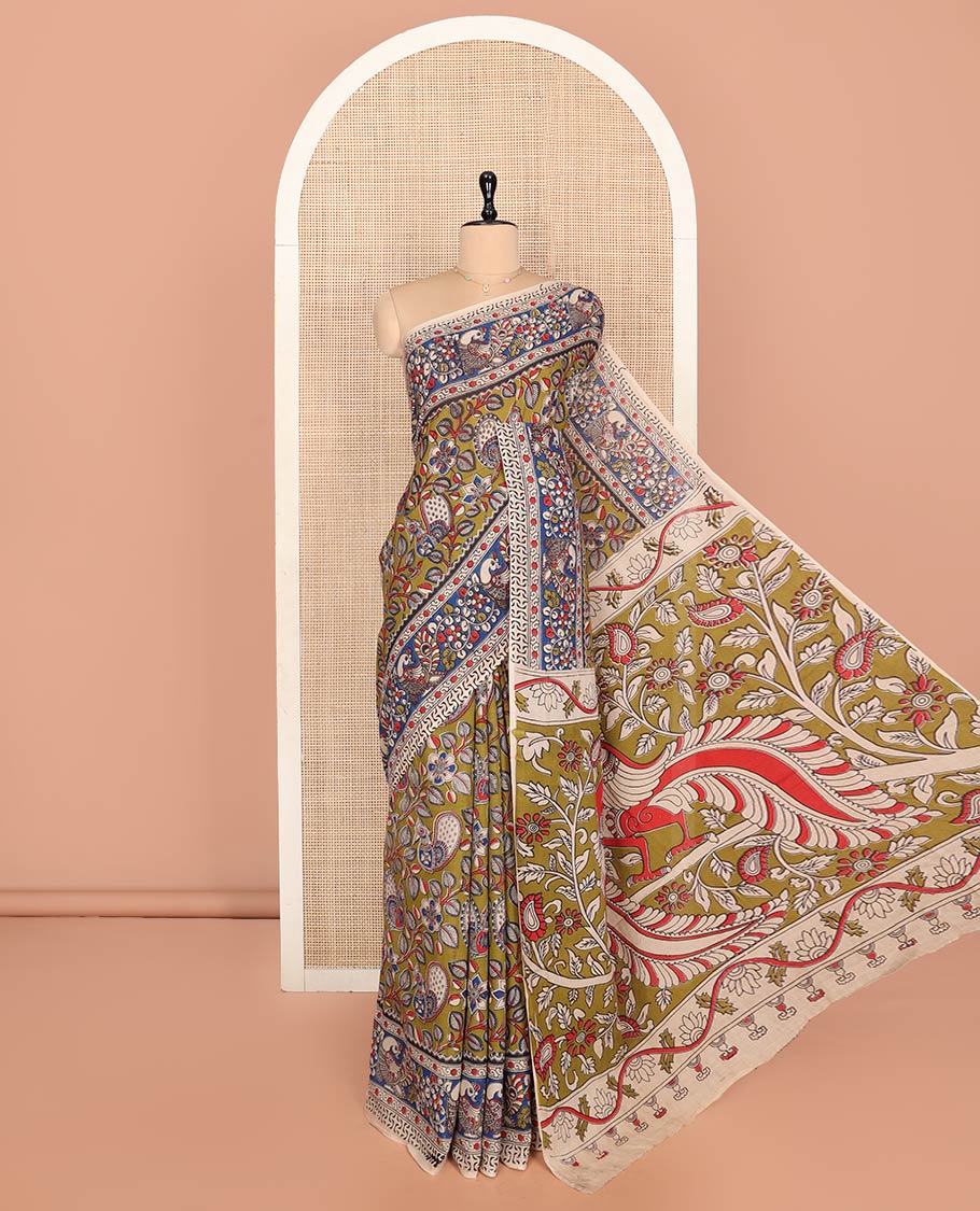 Green Machine-Printed Kalamkari Cotton Saree Features Flora-Fauna Design, a Contrast Peacock Border, Peacock Printed Pallu, and a Contrast Blouse