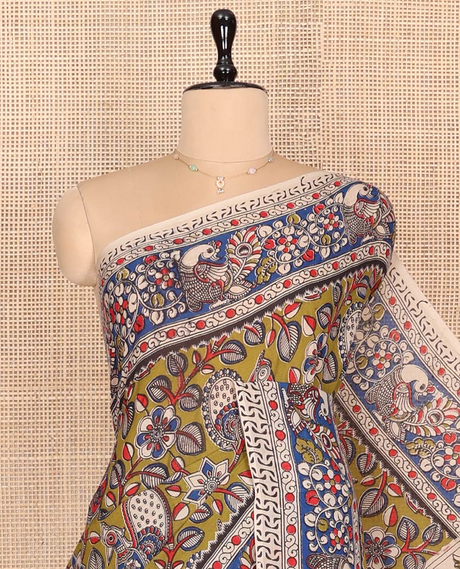 Green Machine-Printed Kalamkari Cotton Saree Features Flora-Fauna Design, a Contrast Peacock Border, Peacock Printed Pallu, and a Contrast Blouse