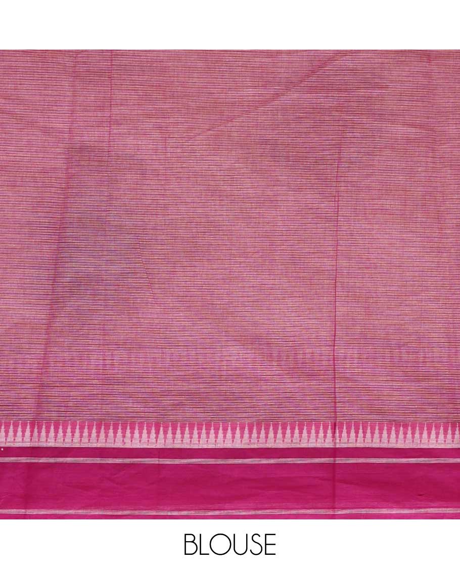 Beige human motifs printed striped chirala cotton saree, contrast rosewood pink temple border of chevron design & pallu of geometric & human motifs