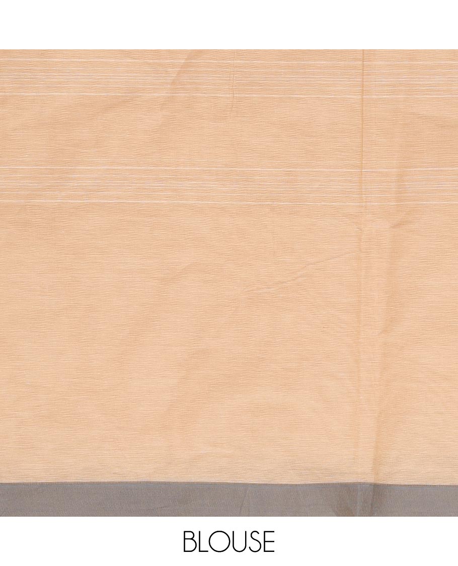 Sandal leaf, stripes, and elephant motifs Kanchi cotton saree, contrast plain border, and pallu of tree, and floral motifs