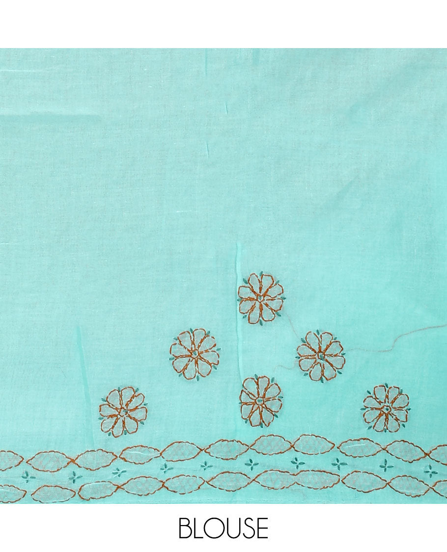Turquoise flowers thread embroidered Lucknowi chikankari saree, ogee patterned border, and floral-paisley embroidered pallu