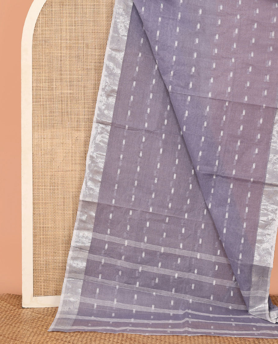 Grey Bengal Cotton Saree, Steeped with Buttas, Contrast Zari Border, Striped Pallu, and No Blouse