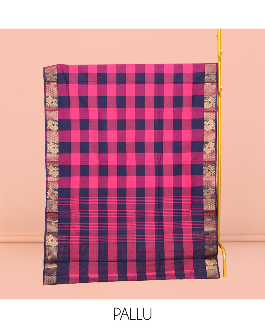 Blue-Pink Chettinad Cotton Saree, Detailed with Checks, Highlighted by Traditional Peacock Border, Striped Pallu, and No Blouse
