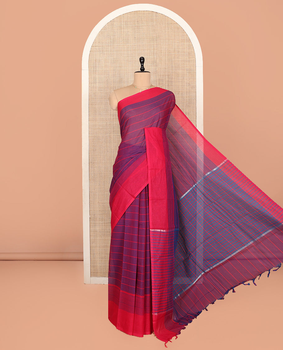 Purple Striped Andhra Cotton Saree, Complemented by a Contrast Border, Striped Pallu, and a Matching Blouse
