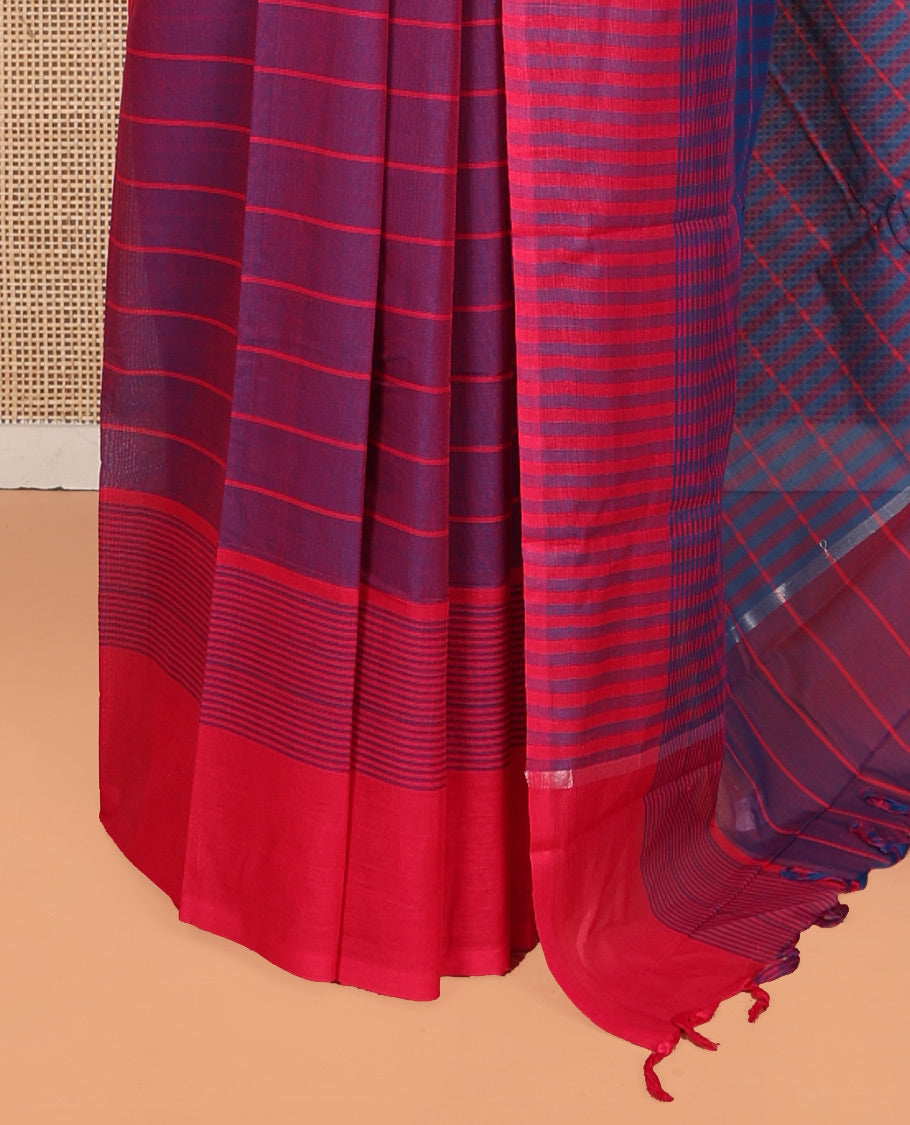 Purple Striped Andhra Cotton Saree, Complemented by a Contrast Border, Striped Pallu, and a Matching Blouse