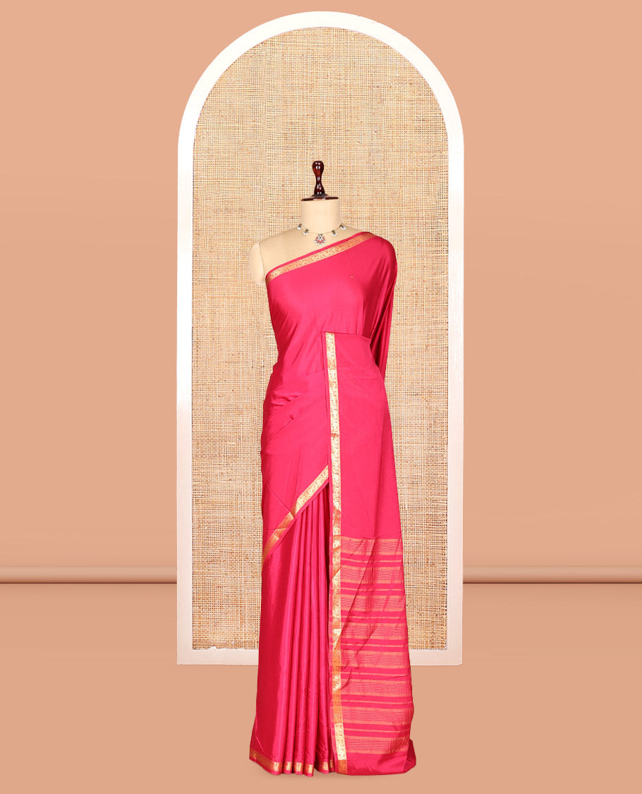 Pink Plain Semi-Mysore Saree, a Zari Elephant-Peacock Butta Border, Striped Pallu, Matching Blouse