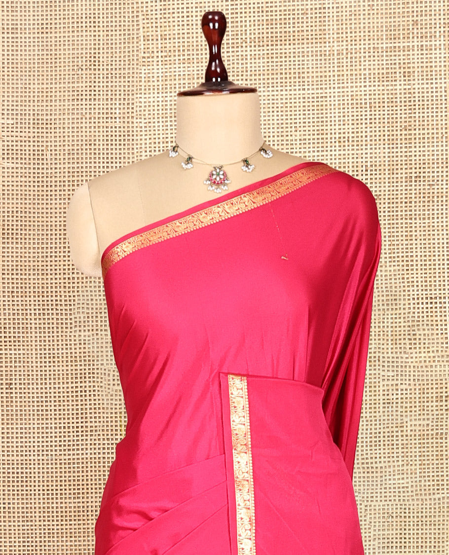Pink Plain Semi-Mysore Saree, a Zari Elephant-Peacock Butta Border, Striped Pallu, Matching Blouse