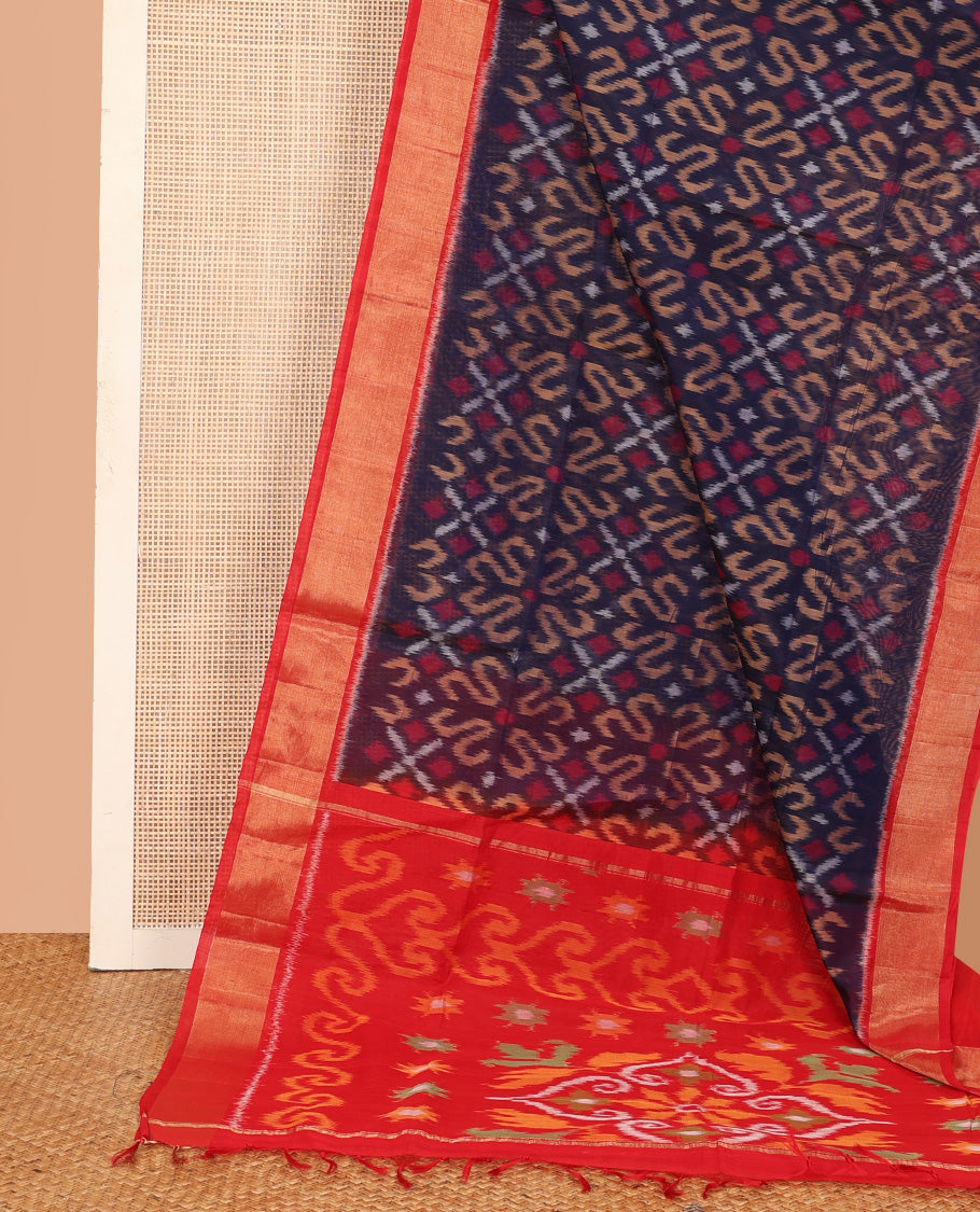 Blue Pochampally Ikkat-style designed silk cotton saree, contrast bavanji border, and ikkat design pallu