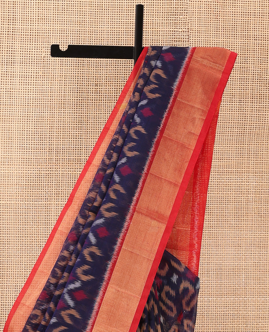 Blue Pochampally Ikkat-style designed silk cotton saree, contrast bavanji border, and ikkat design pallu