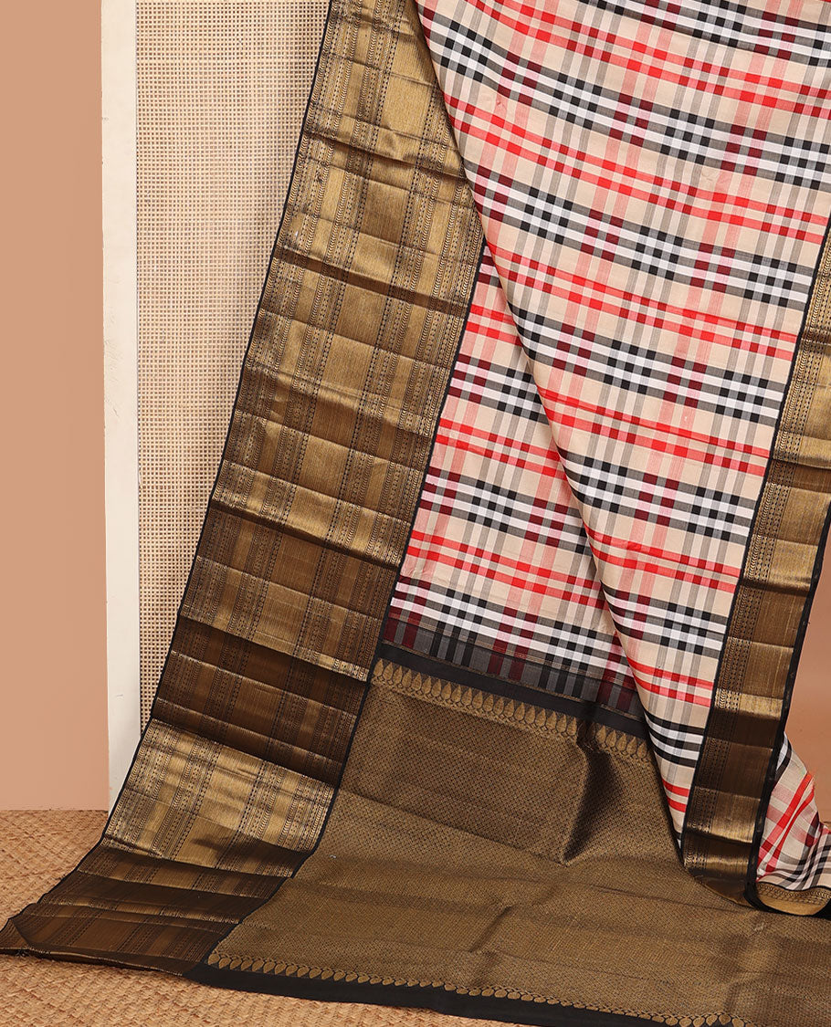 Multi-color checked Kanchipuram silk saree, contrast border steeped with kathir, poun, kuyil kann and zari designs, and jaal pallu