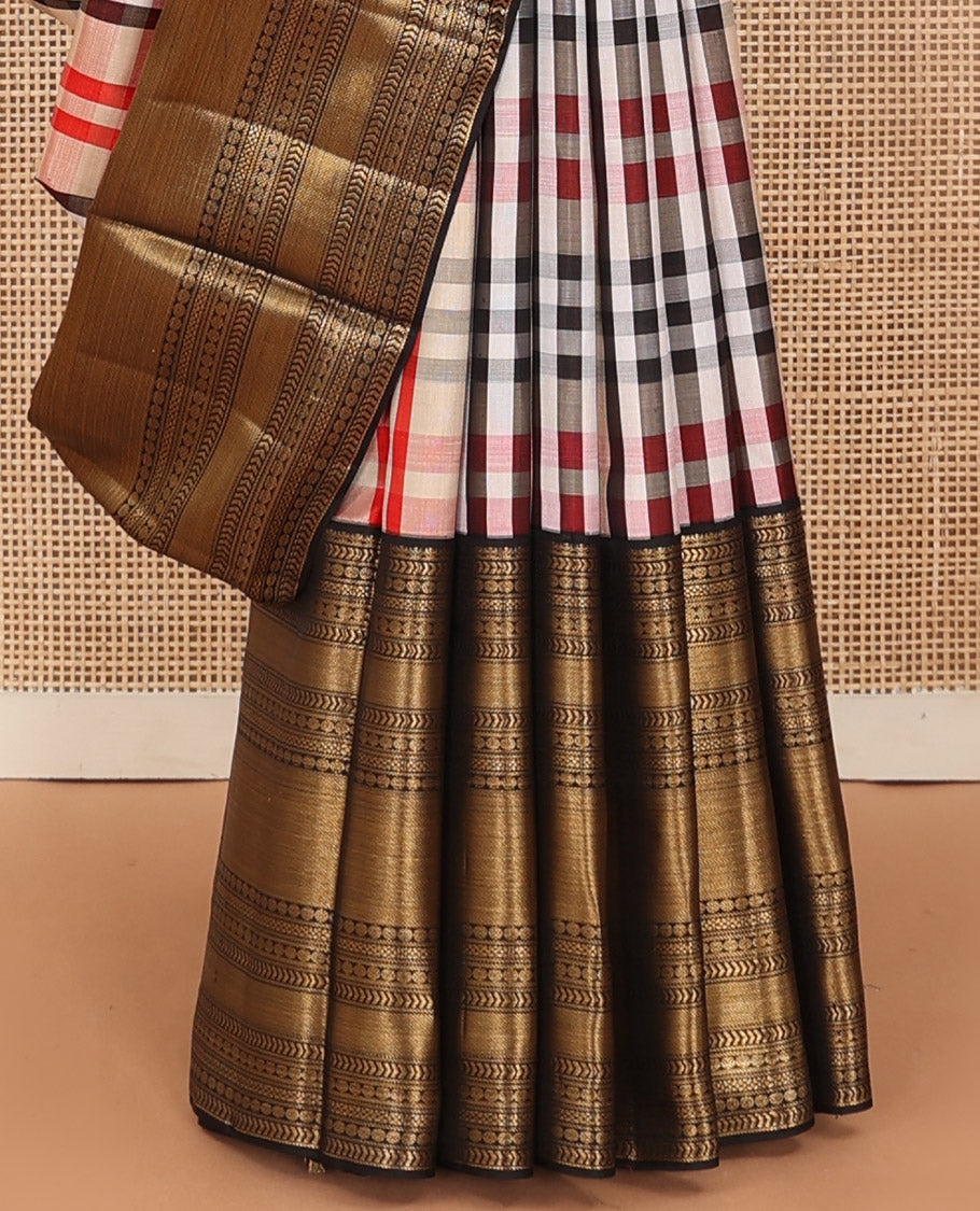 Multi-color checked Kanchipuram silk saree, contrast border steeped with kathir, poun, kuyil kann and zari designs, and jaal pallu