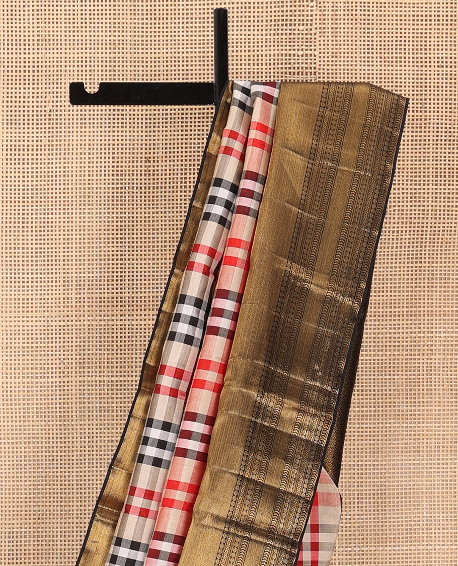 Multi-color checked Kanchipuram silk saree, contrast border steeped with kathir, poun, kuyil kann and zari designs, and jaal pallu