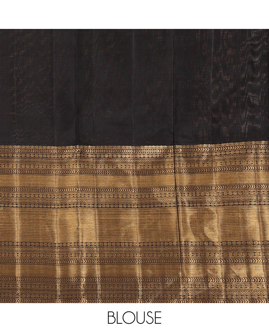 Multi-color checked Kanchipuram silk saree, contrast border steeped with kathir, poun, kuyil kann and zari designs, and jaal pallu