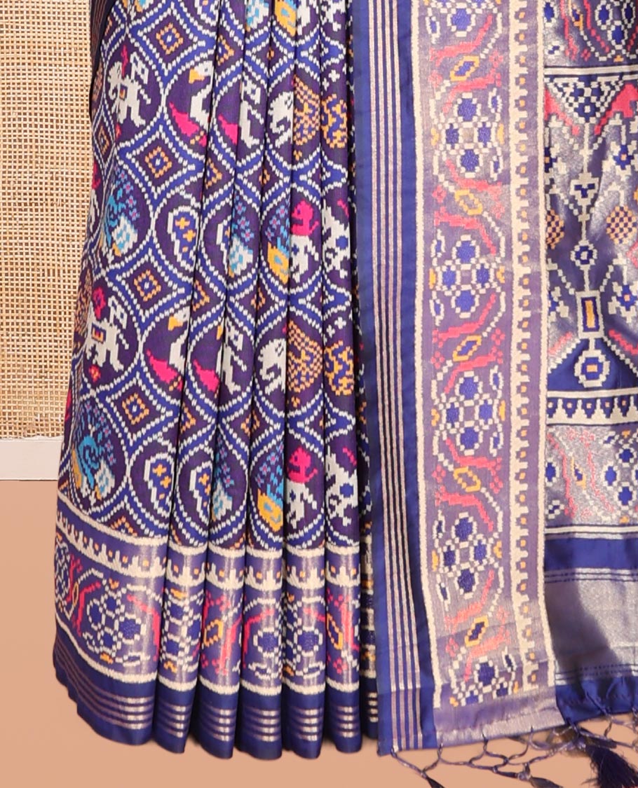 Navy Blue Intricate Motif Semi-Patan Patola Saree, Patola Printed Tissue Border, and a Matching Blouse