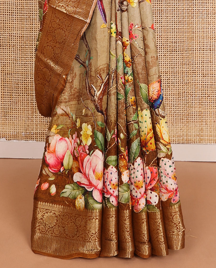 Sandal floral printed with with French knot embroidered dola silk saree, contrast traditional zari design border & French knot embroidered pallu