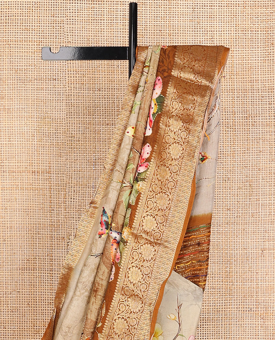 Sandal floral printed with with French knot embroidered dola silk saree, contrast traditional zari design border & French knot embroidered pallu