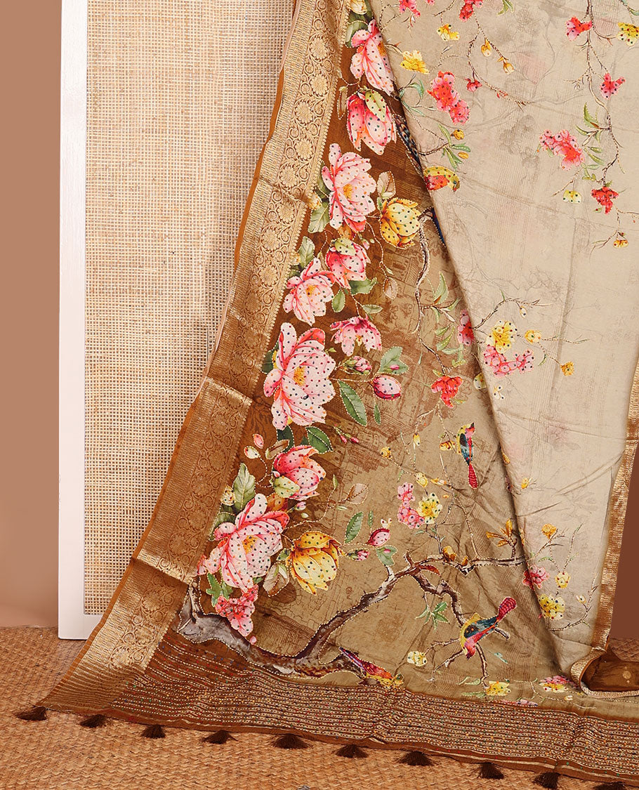 Sandal floral printed with with French knot embroidered dola silk saree, contrast traditional zari design border & French knot embroidered pallu