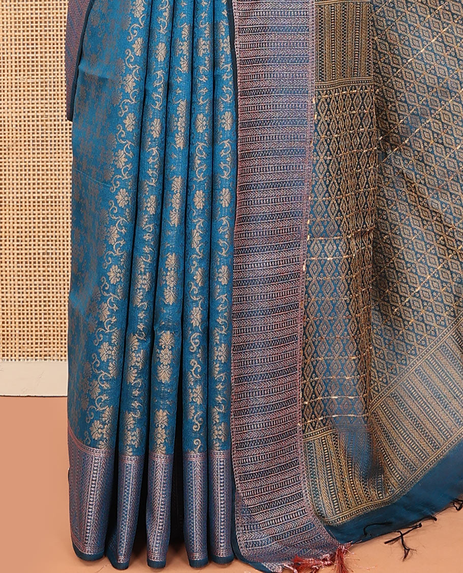 Blue floral jacquard art dupion saree, zari border, and pallu steeped with geometric patterns