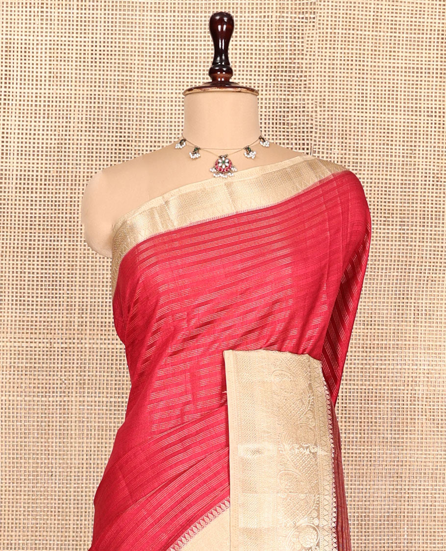 Red Semi-Banarasi Dupion Saree, Beautified with Stripes, a Contrast Floral Creeper Zari Border, Striped Pallu, and a Contrast Blouse