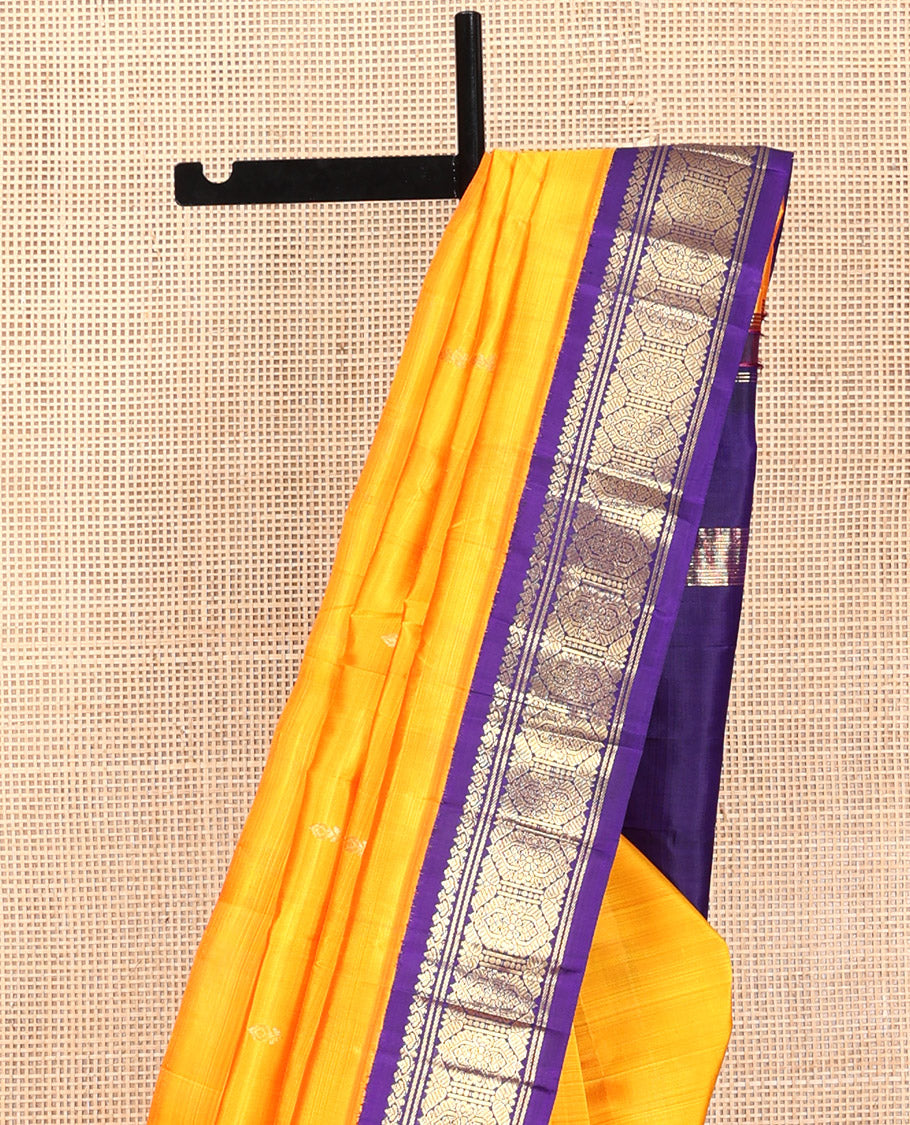 Yellow Kanchipuram Silk Saree, Sparsely Woven with Zari Buttas, Contrast Korvai Traditional Zari Border, Zari Design Pallu, and No Blouse