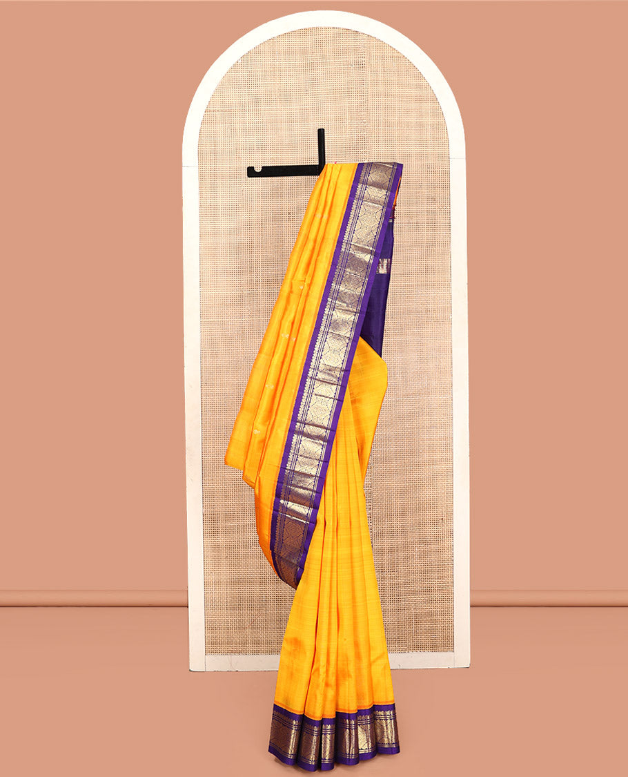 Yellow Kanchipuram Silk Saree, Sparsely Woven with Zari Buttas, Contrast Korvai Traditional Zari Border, Zari Design Pallu, and No Blouse