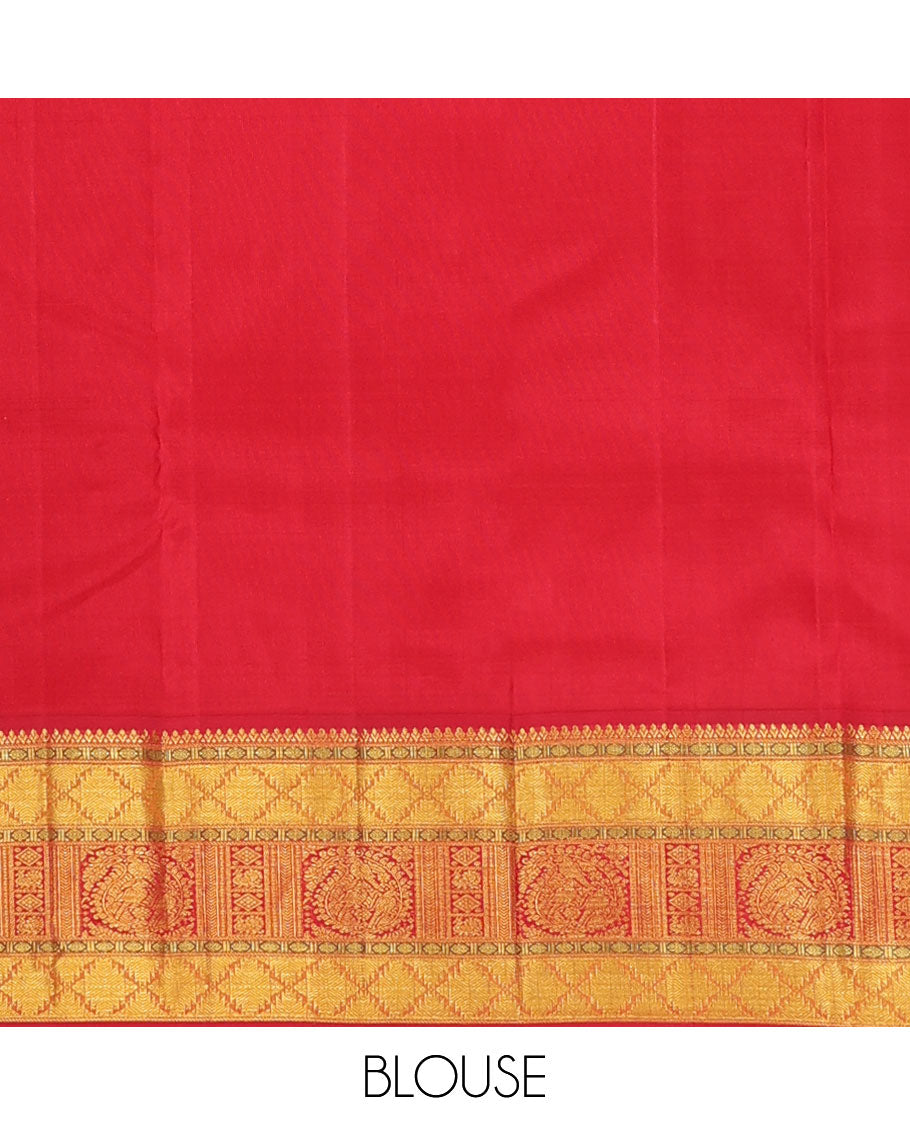 Yellow buttas Kanchipuram silk saree, contrast border of rudraksham, thazampoo rekku, arumbu manga, kathir, diamond, and mayil designs, and jaal pallu
