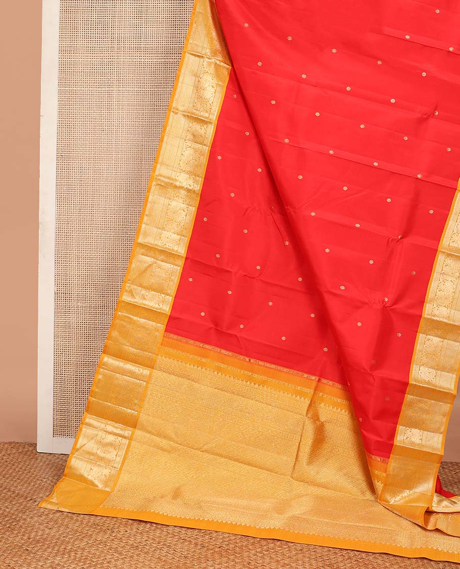 Red zari buttas Kanchipuram korvai silk saree, contrast neer korvai border of thilakam mokku, muthu, puli nagam, mayil and kuyil kann designs, and pallu of puli nagam designs