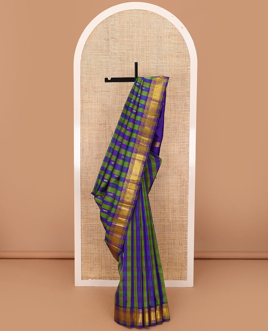Multi-color checked Kanchipuram silk saree with zari buttas, one-sided border of panner sombu,banaras,muthu & jaal & zari design pallu