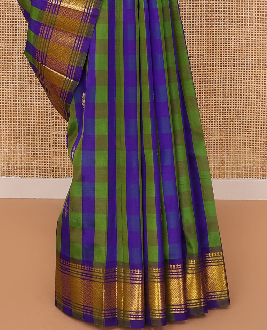 Multi-color checked Kanchipuram silk saree with zari buttas, one-sided border of panner sombu,banaras,muthu & jaal & zari design pallu