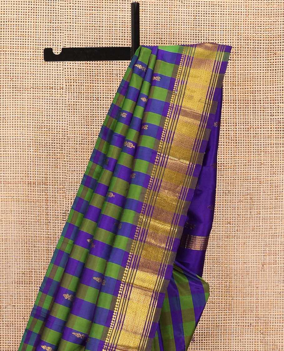 Multi-color checked Kanchipuram silk saree with zari buttas, one-sided border of panner sombu,banaras,muthu & jaal & zari design pallu