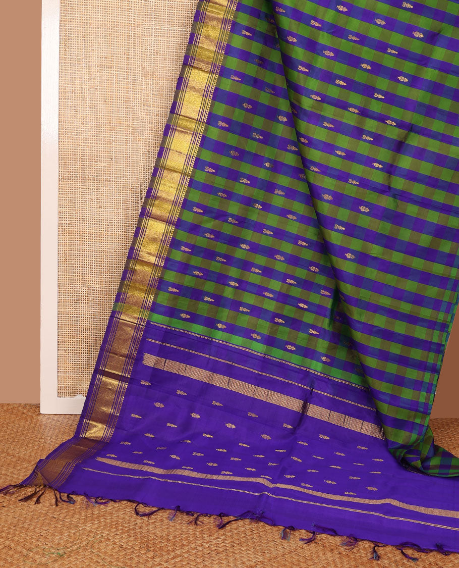 Multi-color checked Kanchipuram silk saree with zari buttas, one-sided border of panner sombu,banaras,muthu & jaal & zari design pallu