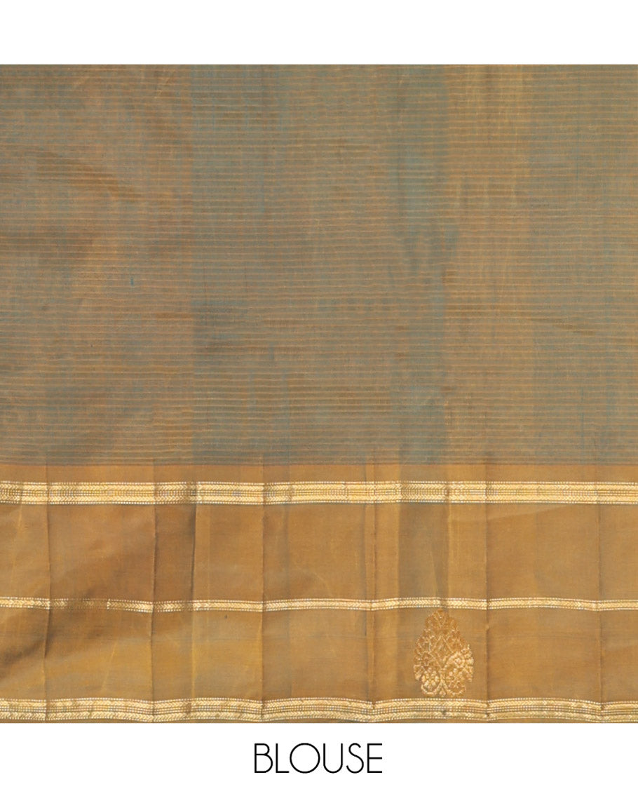 Peacock Blue Kanchipuram Silk Saree, Elevated with Zari Buttas and Vazhaipoo Stripes on Its Body, Complemented by a Contrast Border of Muthu, Kathir, and Arumbu Manga Designs, Pallu of Zari Designs, and Paired with a Contrast Blouse