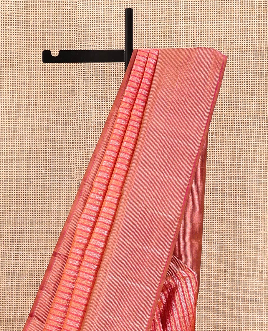 Red Kanchipuram Designer Silk Saree, Boldly Accentuated with Jacquard Design All Over Its Body, Gleaming Zari Striped Border, Pallu Steeped with Zari Stripes, and Paired with a Matching Blouse