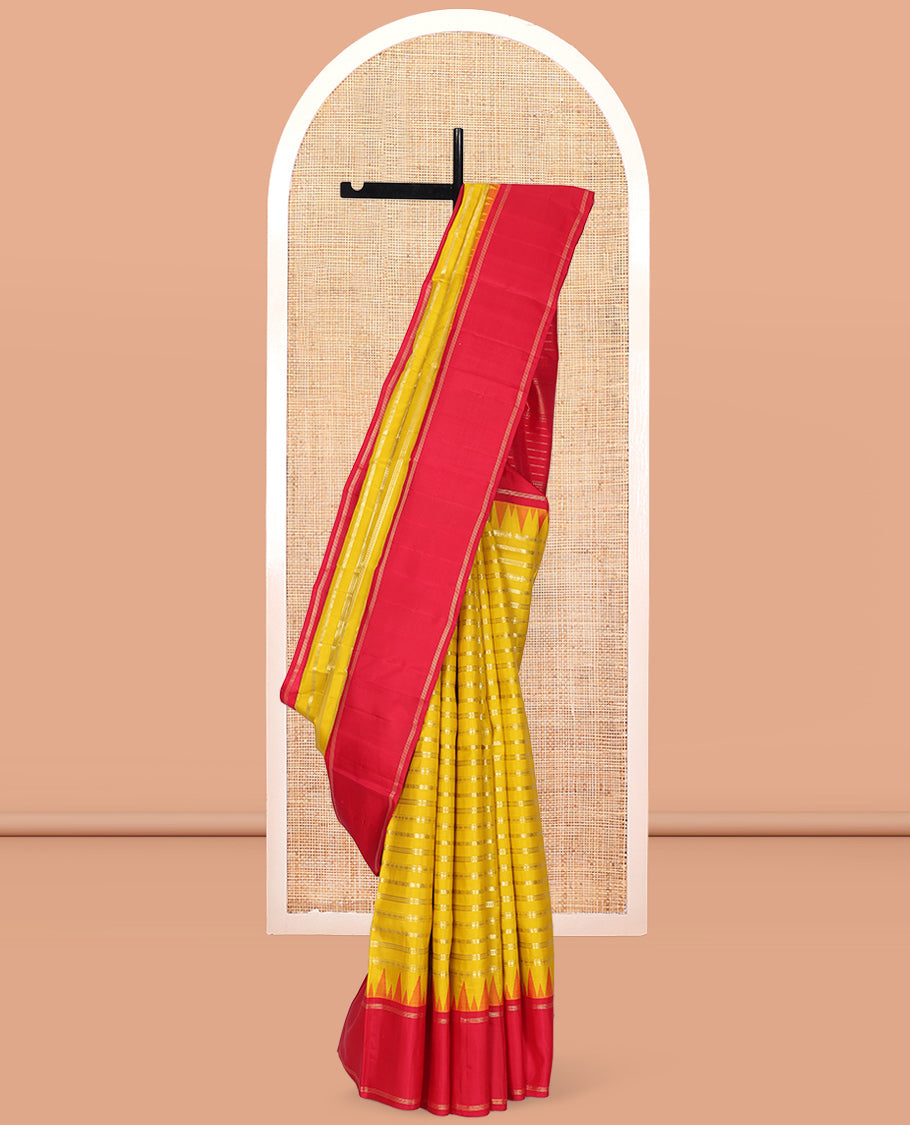 Yellow Kanchipuram Designer Silk Saree, Embellished with Geometric Designs, Complemented by Contrast Temple Bodi Border, Zari Design Pallu, and a Contrast Blouse