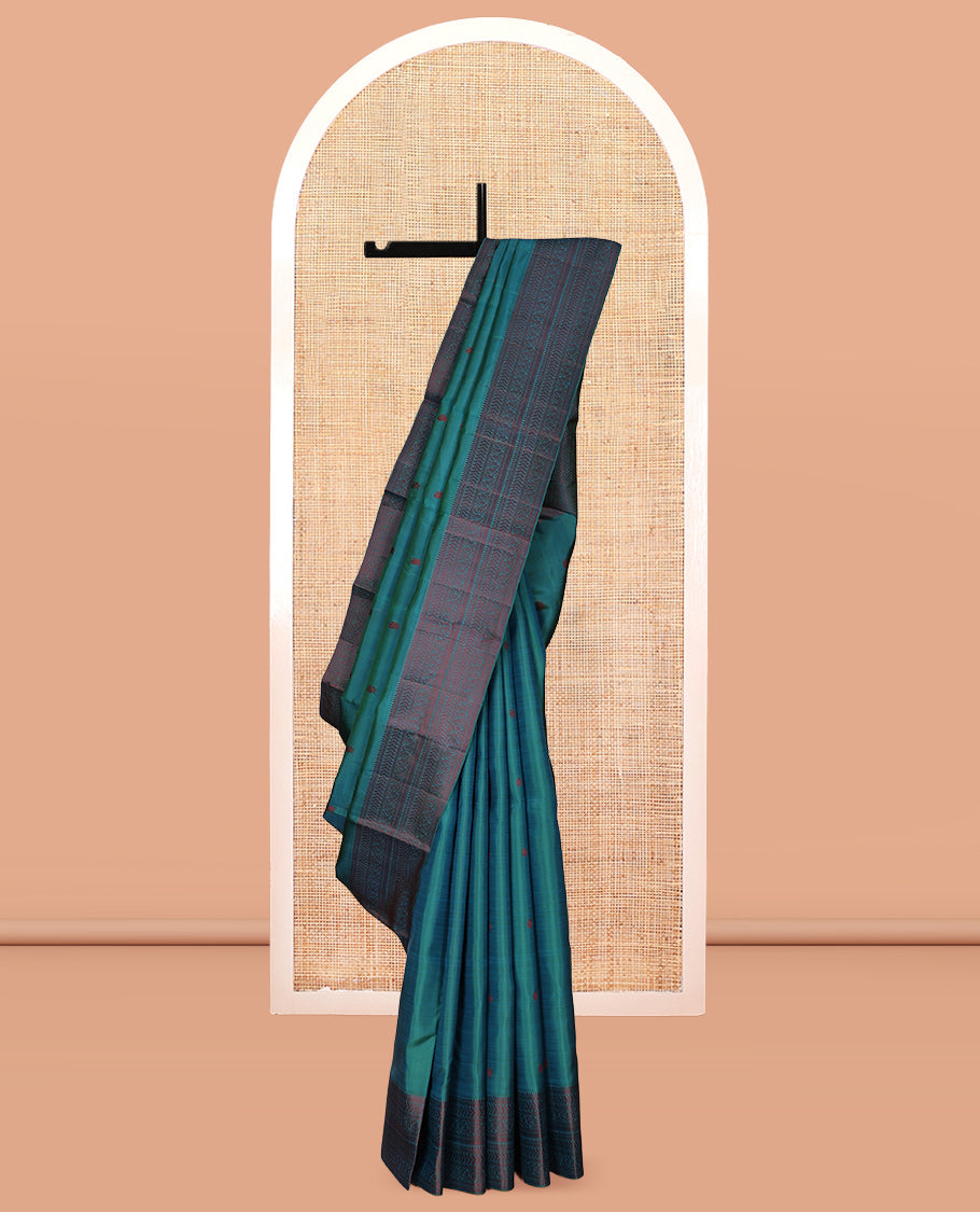 Blue Mayil-Chakra Buttas Kanchipuram Silk Saree, a Traditional Thread Border, Jaal Pallu, Matching Blouse