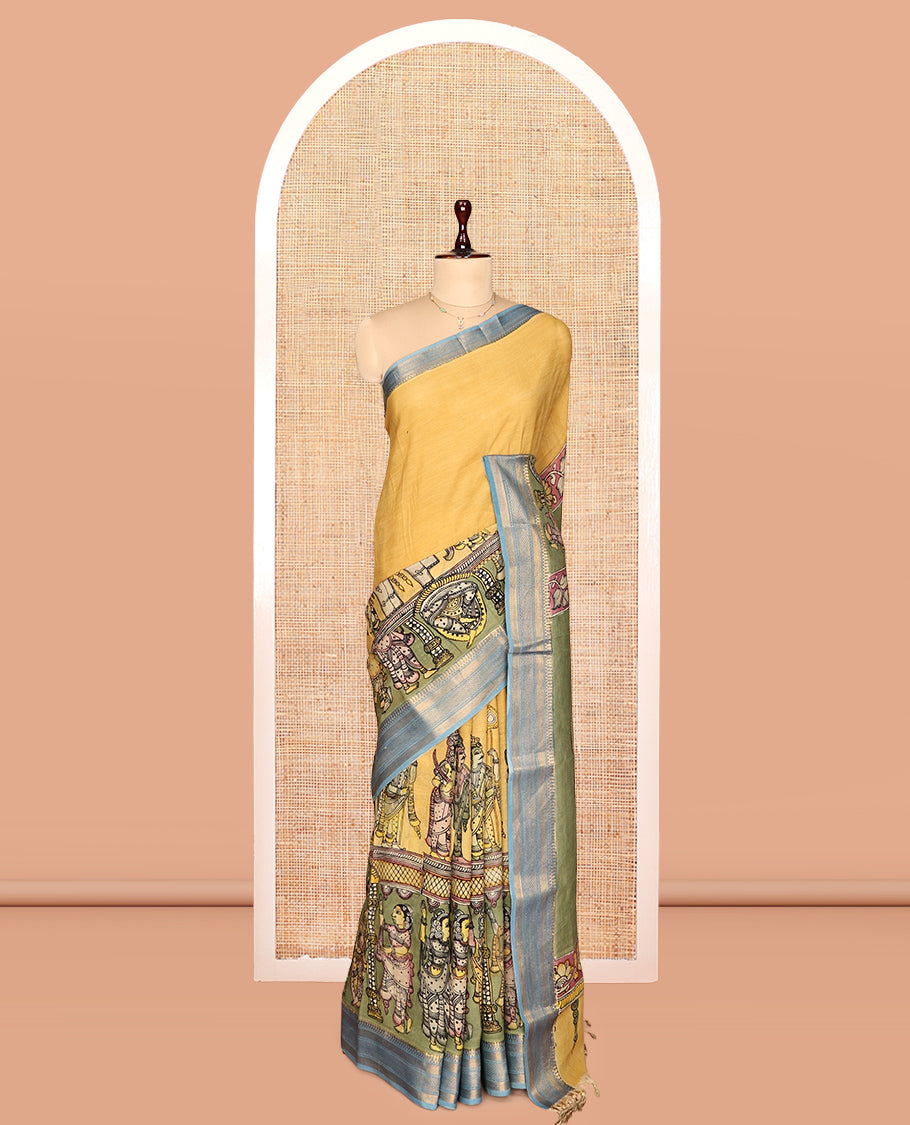 Yellow Kalamkari Silk Saree, Beautified with Ancient Human Figurines, a Contrast Traditional Zari Border, Pallu of Ancient Human Motifs, and a Contrast Blouse