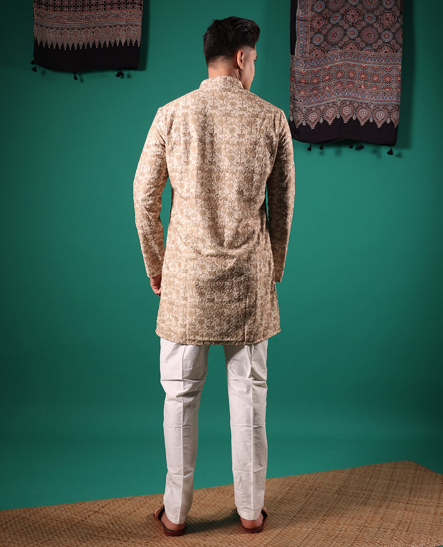 Sandal crushed textured with tropical floral printed full-sleeved men's kurta