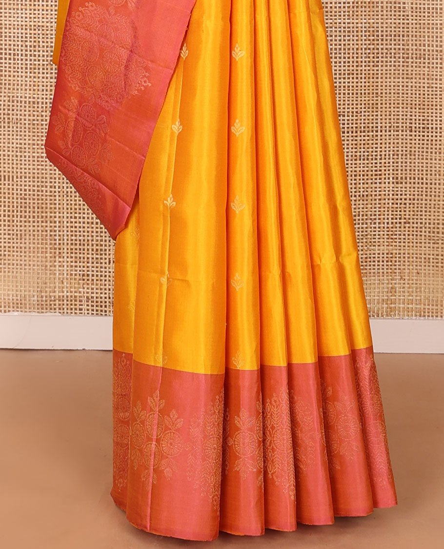 Orange zari buttas soft silk saree, contrast unique design border & pallu of jaal design