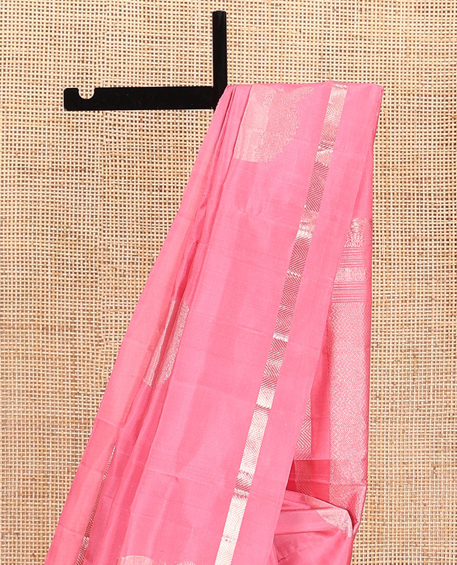 Pink zari buttas soft silk saree, zari vanki kal erangina border, and pallu of vanki designs