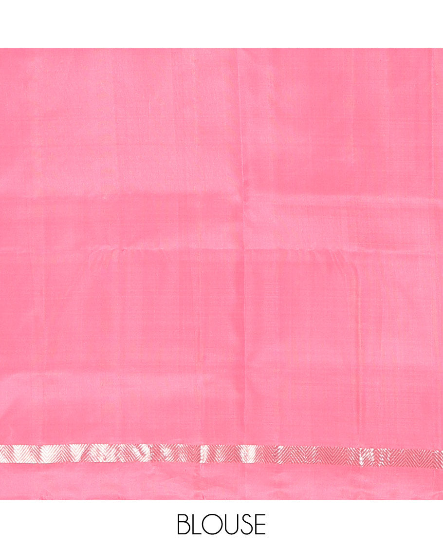 Pink zari buttas soft silk saree, zari vanki kal erangina border, and pallu of vanki designs