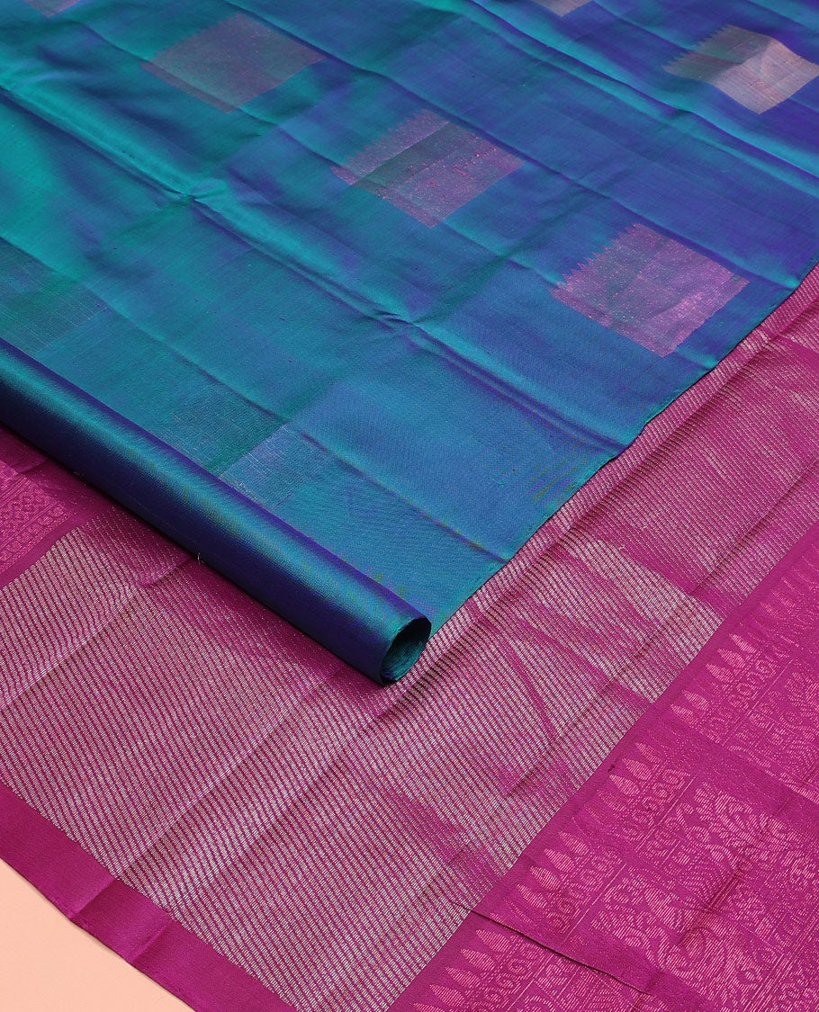 Borderless blue zari buttas soft silk saree, contrast pallu of diagonal stripes
