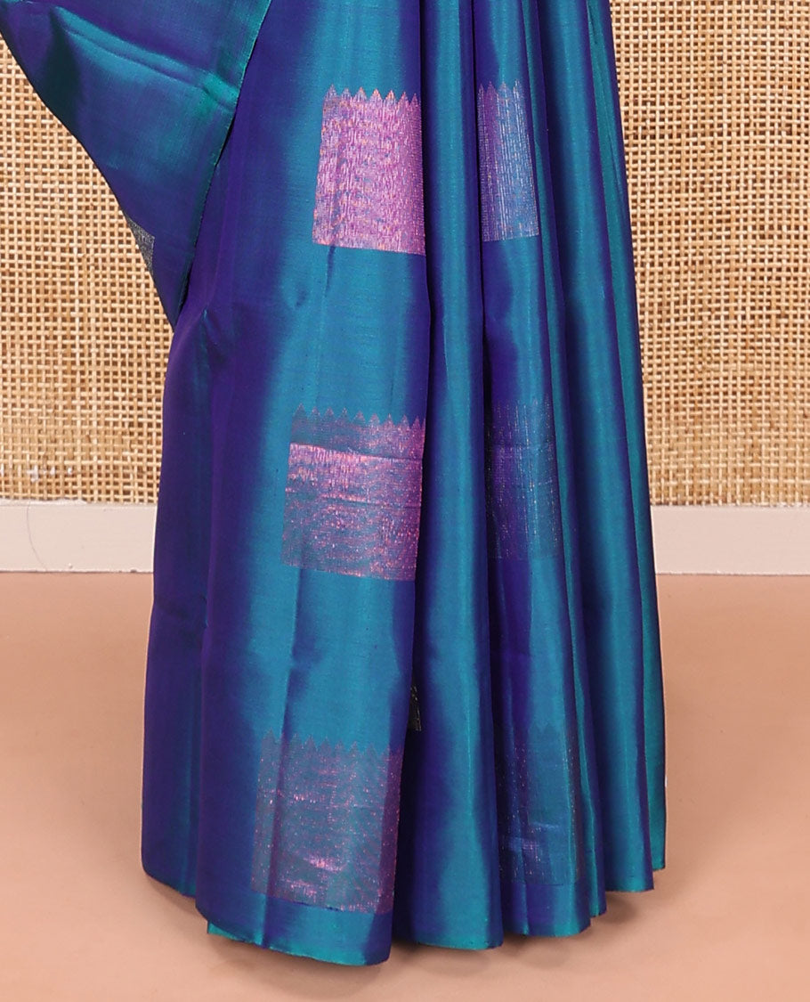 Borderless blue zari buttas soft silk saree, contrast pallu of diagonal stripes