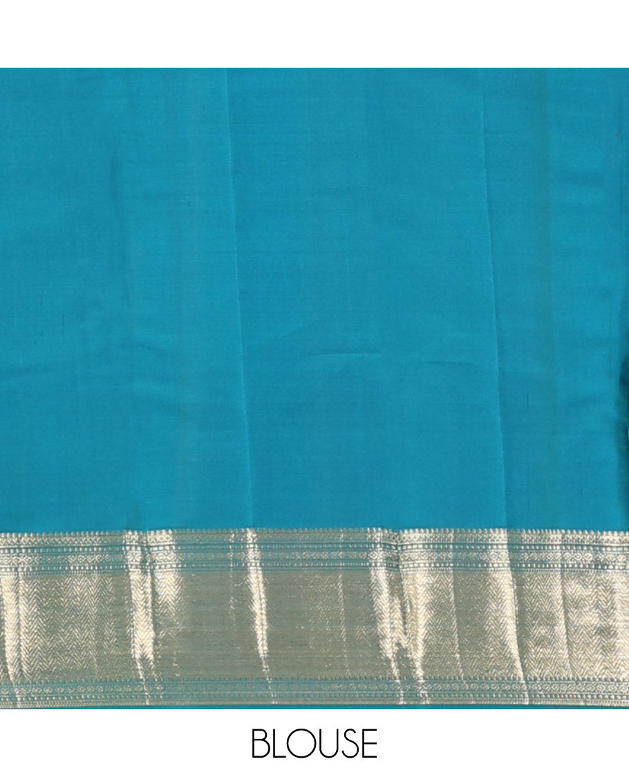 Green leaf printed silk saree, contrast border of thilakam mokku, muthu, diamond, and vanki designs, and jaal pallu