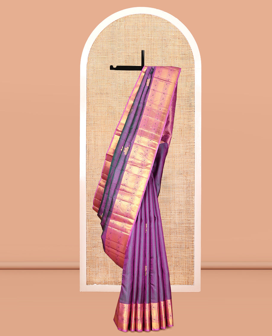 Purple Embossed-Buttas Kanchipuram Silk Saree, a Contrast Kodi Visiry Border, Floral Jaal Pallu, Contrast Blouse