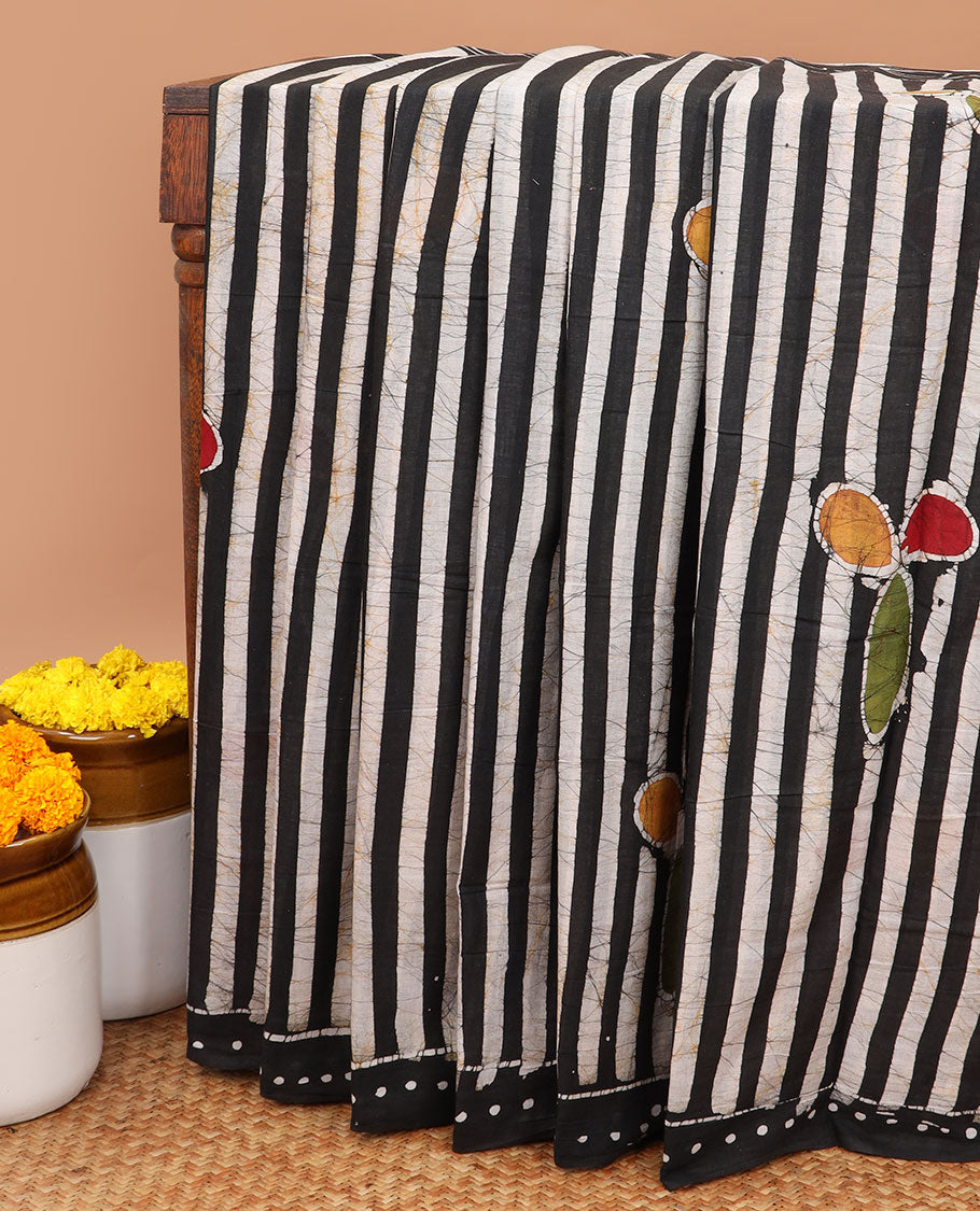 Borderless Black with cream wax printed wax malai cotton saree with printed pallu & plain blouse