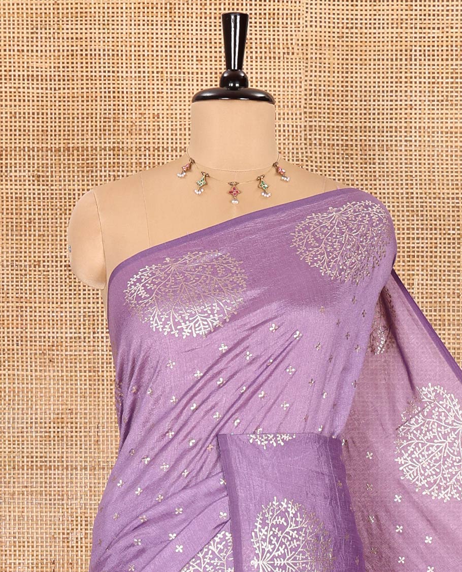 Lavender plus buttas woven Vichitra silk saree, kalpavriksha tree motifs woven on its border, self-pallu, and no blouse