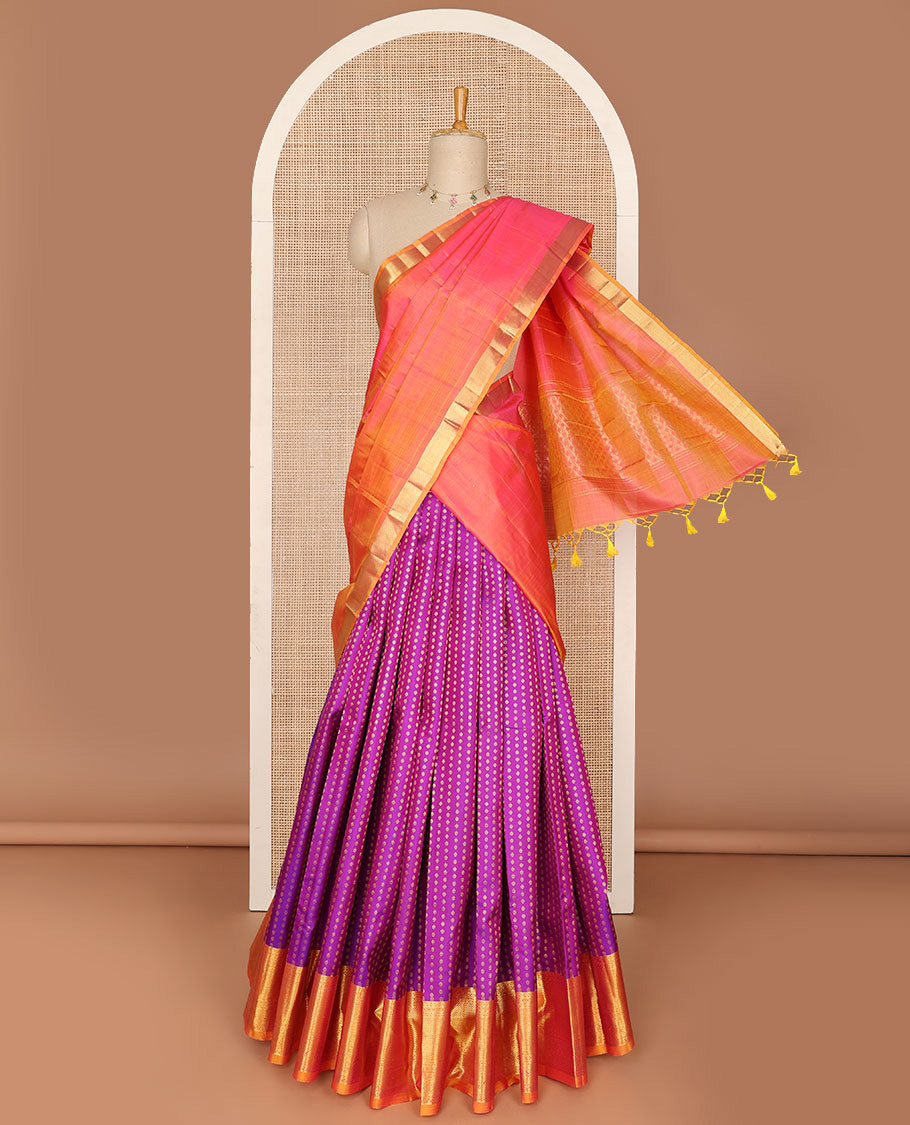 Pink zari buttas pure-silk half saree, contrast border & blouse of traditional designs, zari design dhavani