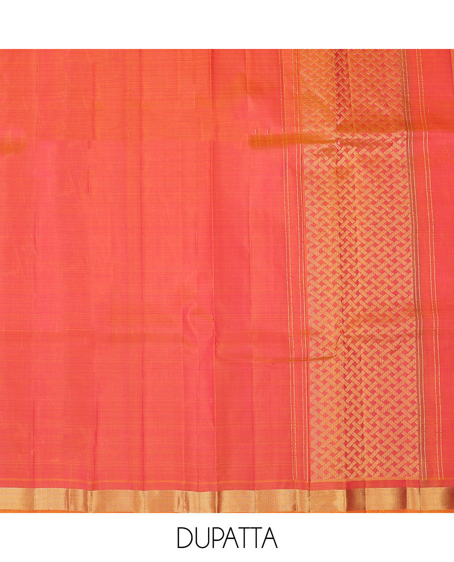 Pink zari buttas pure-silk half saree, contrast border & blouse of traditional designs, zari design dhavani