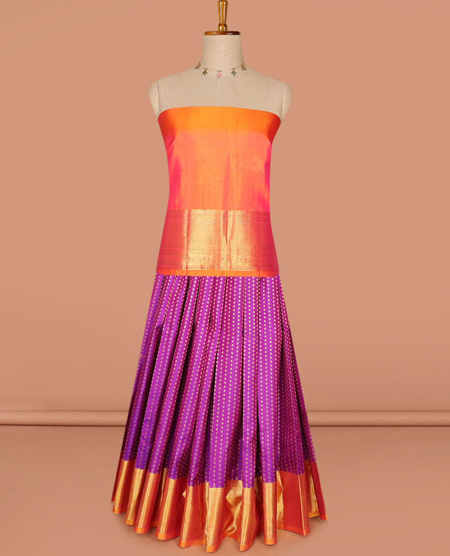Pink zari buttas pure-silk half saree, contrast border & blouse of traditional designs, zari design dhavani